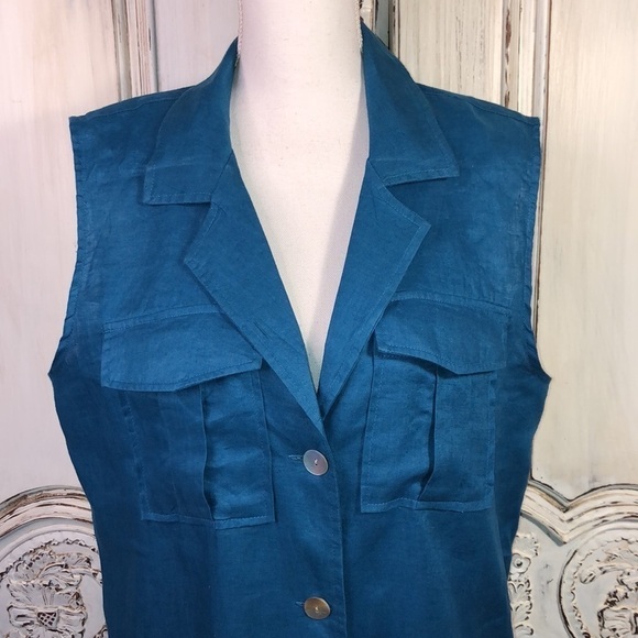 Marc New York by Andrew Marc 100% Blue Linen Sleeveless Button Down Shift Dress - Picture 2 of 9